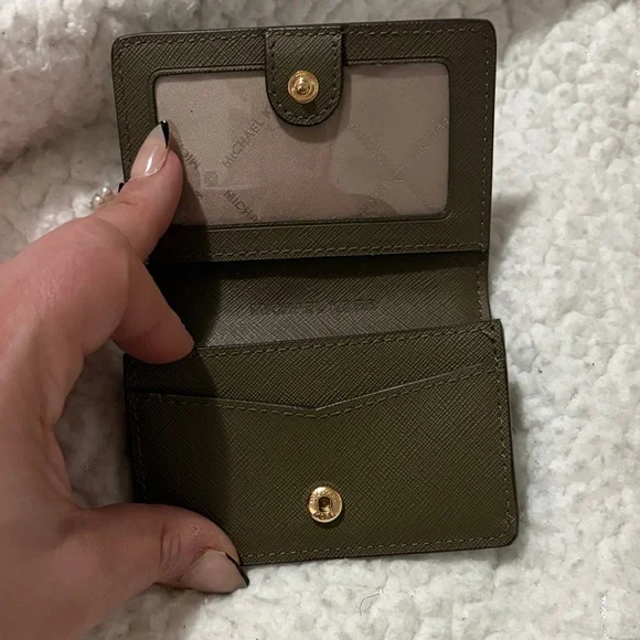 Michael Kors Olive Green Leather Card Case with Gold Logo